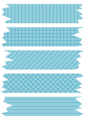 Set of blue washi tapes with patterns isolated on white. Tapes collection in vector. Pieces of decorative tape for scrapbooks. Torn paper. Lines, cell