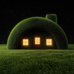 A whimsical, grass-covered house, illuminated by warm light, stands out against a dark night sky and grassy field, evoking a sense of peace and tranquility.