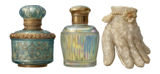 Vintage Decorative Perfume Bottles and Elegant Gloves Illustration on Transparent Background