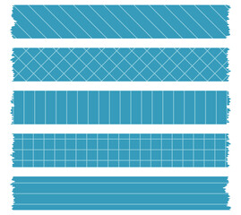 Set of blue washi tapes with patterns isolated on white. Tapes collection in vector. Pieces of decorative tape for scrapbooks. Torn paper. Lines, cell