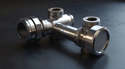 Industrial metal plumbing components on dark surface