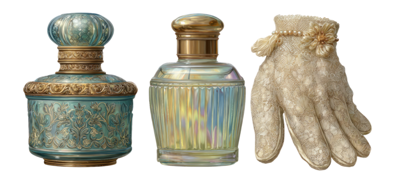 Vintage Decorative Perfume Bottles and Elegant Gloves Illustration on Transparent Background