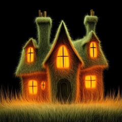A whimsical, furry house with glowing windows stands out against a dark background.