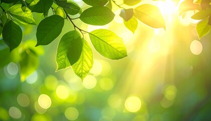 Fresh green leaves on tree branches bathed in bright sunlight with lens flare and bokeh, vibrant natural background for spring and summer.
