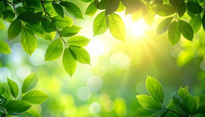 Vibrant green leaves with golden sunlight filtering through, creating a natural bokeh background. Fresh spring summer foliage.