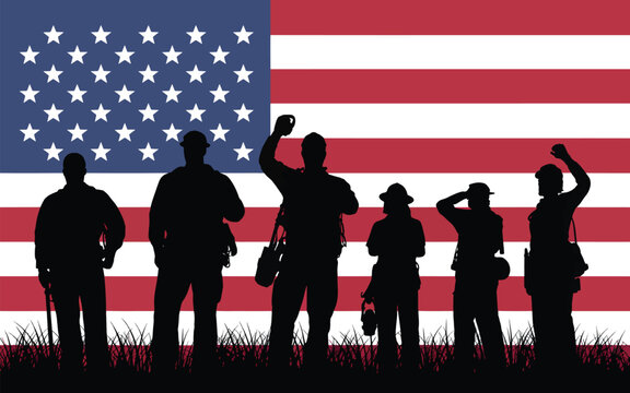 Silhouettes of six people against American flag background