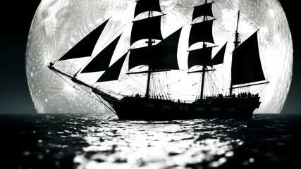 Silhouette of a ship sailing on the water with moon in the background - Powered by Adobe