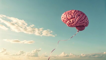 A Photorealistic Deep Pink Brain Shaped Balloon Floating In Clear Light Blue Sky