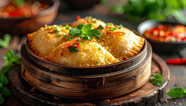Golden, crispy dumplings in a bamboo steamer - Powered by Adobe