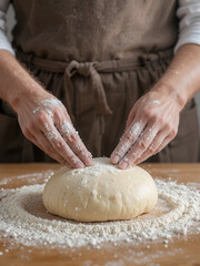 Fototapeta premium Hands kneading dough with flour on wooden surface