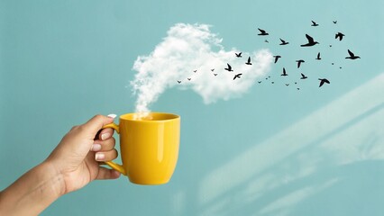 Artistic Photo Of Hand Holding Yellow Coffee Mug With Steam Forming Cloud And Birds