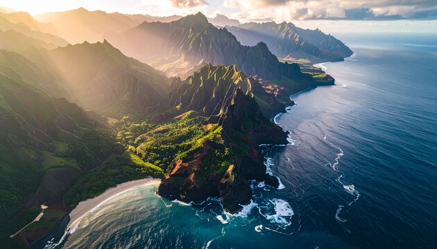 Stunning aerial view of a rugged tropical coastline with lush green mountains meeting the vibrant blue ocean during golden hour sunset