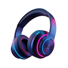 Stylish black headphones with vibrant neon pink and blue lighting, isolated on transparent background