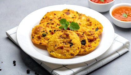 Fototapeta premium Golden, crispy Indian flatbreads on a white plate