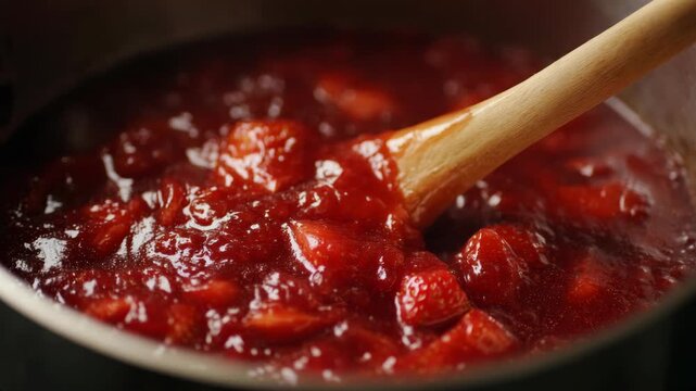 Homemade strawberry jam being stirred with a wooden spoon in a pot, natural style, close-up view, concept of cooking and preserving food