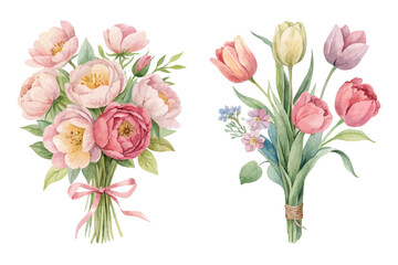 Obraz premium Watercolor Spring Bouquet with Peonies and Tulips isolated on white background