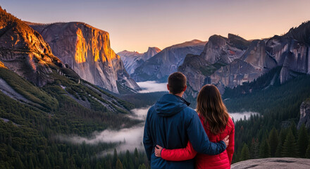 Naklejka premium Couple Embracing Scenic Mountain Sunrise Landscape