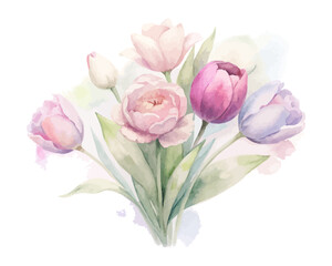 Watercolor Spring Bouquet with Peonies and Tulips isolated on white background