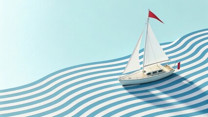 Minimalist 3D Render Of White Sailboat With Red Flag On Blue And White Wavy Lines