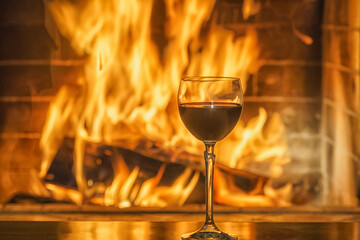 A glass of red wine before Fire burning in a fireplace.