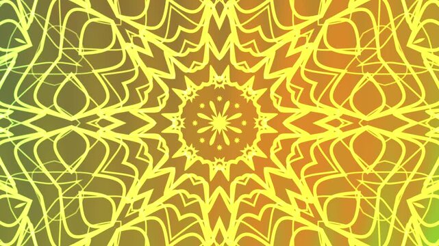 Abstracts Twirls Kaleidoscope A, Animated golden kaleidoscope pattern background with a warm color gradient for artistic designs,  Stock royalty free video.