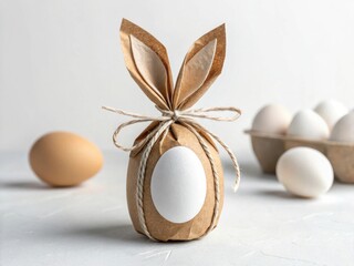Minimalist Photorealistic Easter Egg Wrapped In Brown Paper With Bunny Ears On White Background