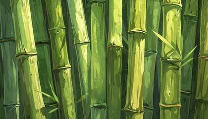 Obraz premium Close-up of vibrant green bamboo stalks and leaves creating a dense forest background texture, natural Asian plant growth