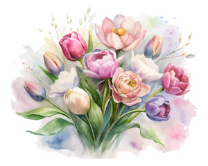 Watercolor Spring Bouquet with Peonies and Tulips 