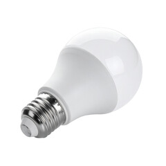 Brilliant white lightbulb, diagonally positioned against a solid black background, showcasing its gleaming surface and metal base, highlighting the illumination potential and contrast.