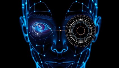 Futuristic digital face with glowing eye and circular interface, symbolizing advanced technology and artificial intelligence.