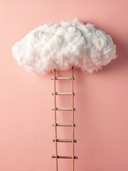 Photorealistic Image Of Fluffy White Cloud With Rope Ladder On Soft Pink Background
