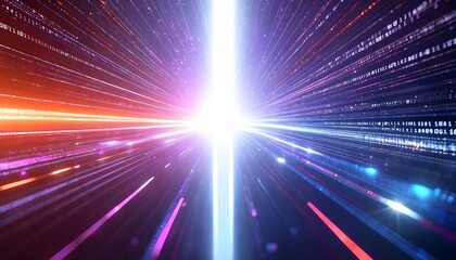 Abstract digital data stream with bright light in the center.