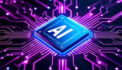 A glowing AI microchip on a futuristic circuit board with purple neon lights representing data flow.