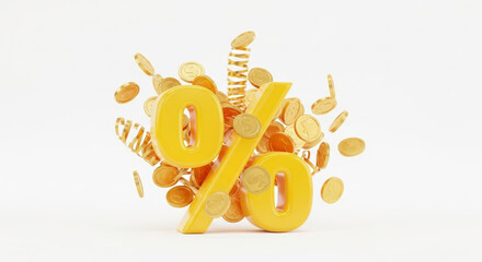 Golden Percentage Symbol Surrounded by Flying Coins and Financial Symbols