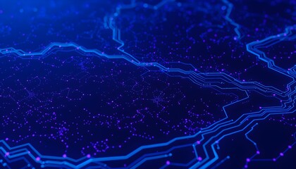 Abstract visualization of a glowing blue digital circuit board with intricate pathways and tiny purple lights, representing data flow and connectivity.