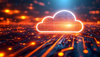 A glowing cloud icon representing cloud computing hovers over a futuristic digital circuit board with flowing data.