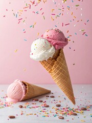 Photorealistic Still Life Of Floating Ice Cream Cone With White And Pink Scoops