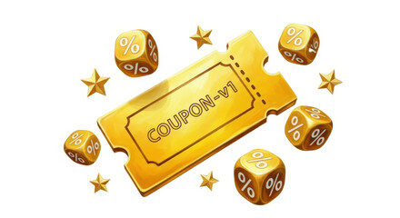 Golden Coupon Ticket with Discount Percent Dice and Stars for Promotions