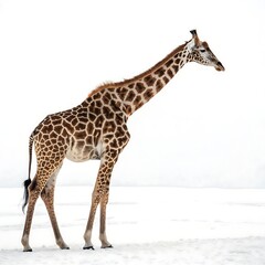 Naklejka premium Giraffe standing in the snow isolated on white background in amboseli, kenya