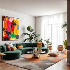 Contemporary Living Space: A stylish living room features a plush green sofa, vibrant artwork, and lush plants, creating a sophisticated and inviting ambiance.