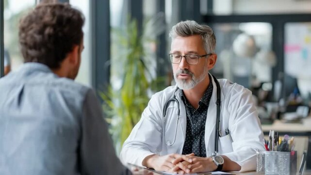 A doctor consults with a patient during a medical examination at the office.
