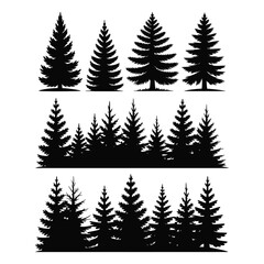 Fototapeta premium Set of 12 black silhouette pine tree illustrations with individual trees clusters and layered forest scenes on white backgroun