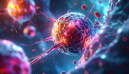 Vibrant Microscopic Cells: Abstract Glowing Biological Organisms in Digital Science Background