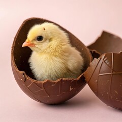 Photorealistic Yellow Chick Peeking From Cracked Chocolate Egg On Light Pink Background UHD