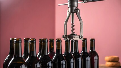 Photorealistic Studio Shot Of Metal Claw Machine Arm Above Dark Glass Wine Bottles