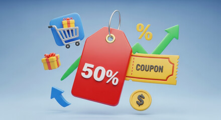 Exciting fifty percent discount tag with shopping cart and coupon offers driving sales growth
