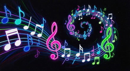 Vibrant Musical Notes Swirling Through a Cosmic Spiral Melody