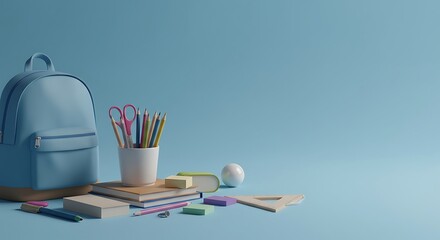 Obraz premium School supplies arranged on a blue surface, including a backpack, notebooks, pencils, and other stationery items, creating a backtoschool atmosphere.