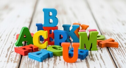 Colorful wooden alphabet letters arranged on a textured, white-washed wooden surface create a vibrant educational concept, showcasing an assortment of primary colors and interesting composition...