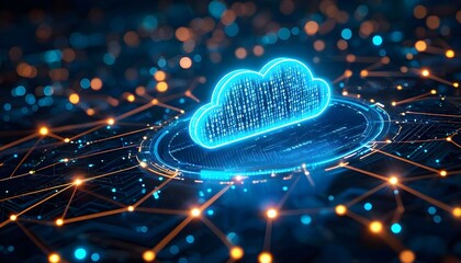 A vibrant blue cloud icon representing cloud computing, surrounded by an intricate digital network of glowing orange and blue connections on a dark background.